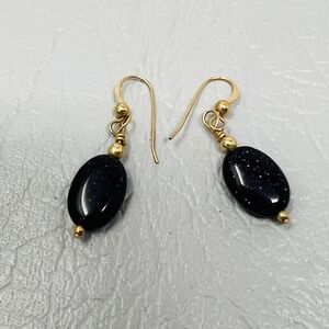Black Blue Sparkle Pierced Earrings Oval Hook Dangle Drop Minimalist